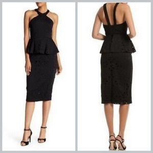 TRINA Trina Turk Laser Cut Ruffle Peplum Black Midi Dress Halter Neckline
